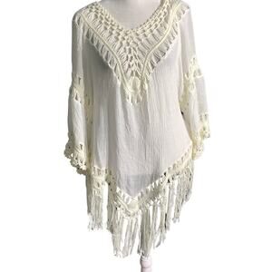 Time Line Ivory Crochet Boho Cover Up Tunic Women’s 1X — Fringe, Beach, Festival